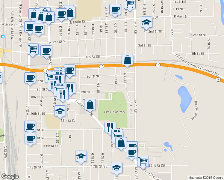 map of restaurants, bars, coffee shops, grocery stores, and more near 913 8th Street Southeast in Auburn