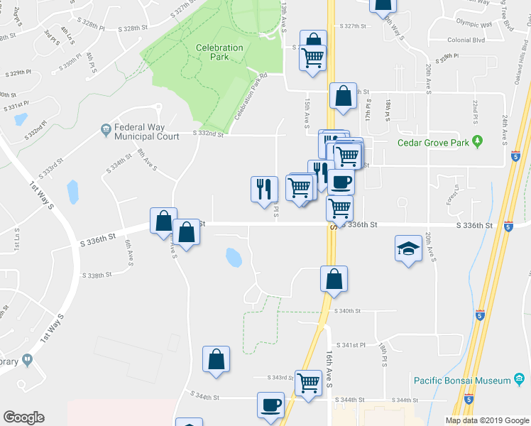 map of restaurants, bars, coffee shops, grocery stores, and more near 1230 South 336th Street in Federal Way