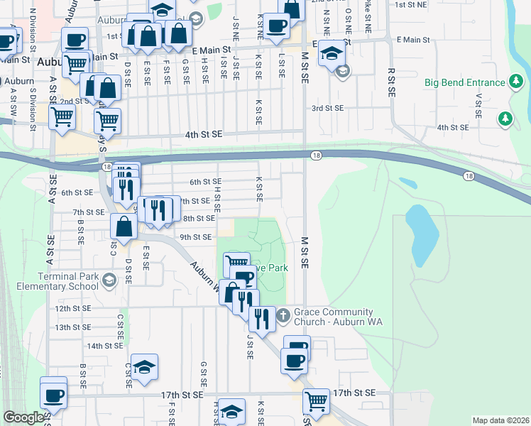 map of restaurants, bars, coffee shops, grocery stores, and more near 1003 8th Street Southeast in Auburn