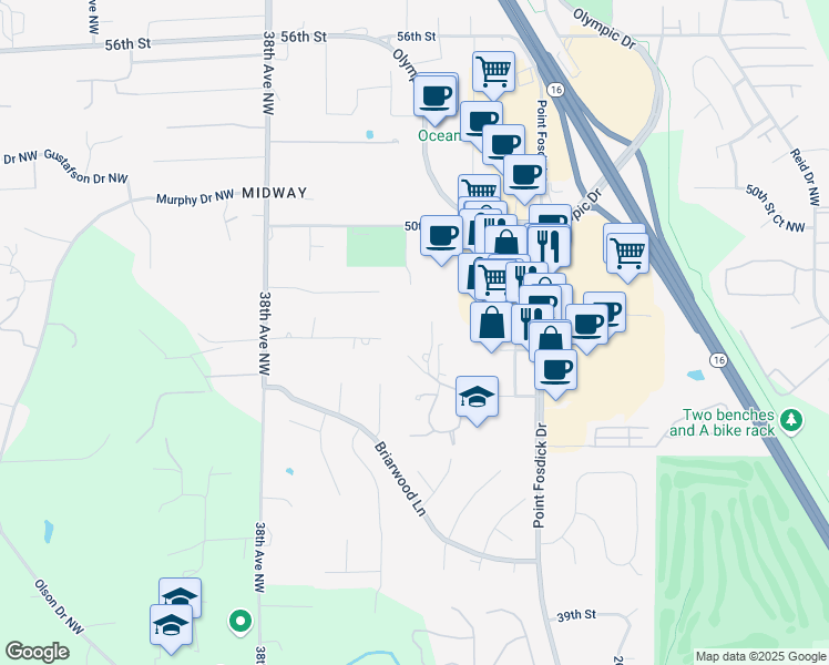 map of restaurants, bars, coffee shops, grocery stores, and more near 3309 45th Street Court in Gig Harbor