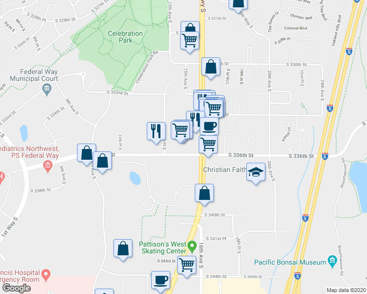 map of restaurants, bars, coffee shops, grocery stores, and more near 1500 South 336th Street in Federal Way