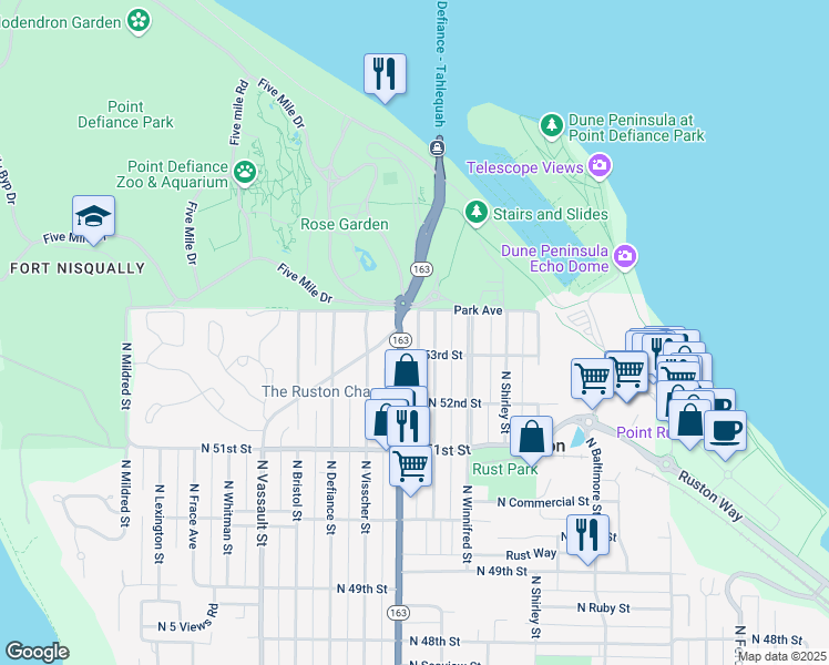 map of restaurants, bars, coffee shops, grocery stores, and more near 5321 North Pearl Street in Ruston