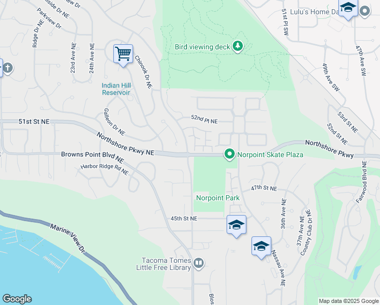map of restaurants, bars, coffee shops, grocery stores, and more near 4301 Norpoint Way Northeast in Tacoma