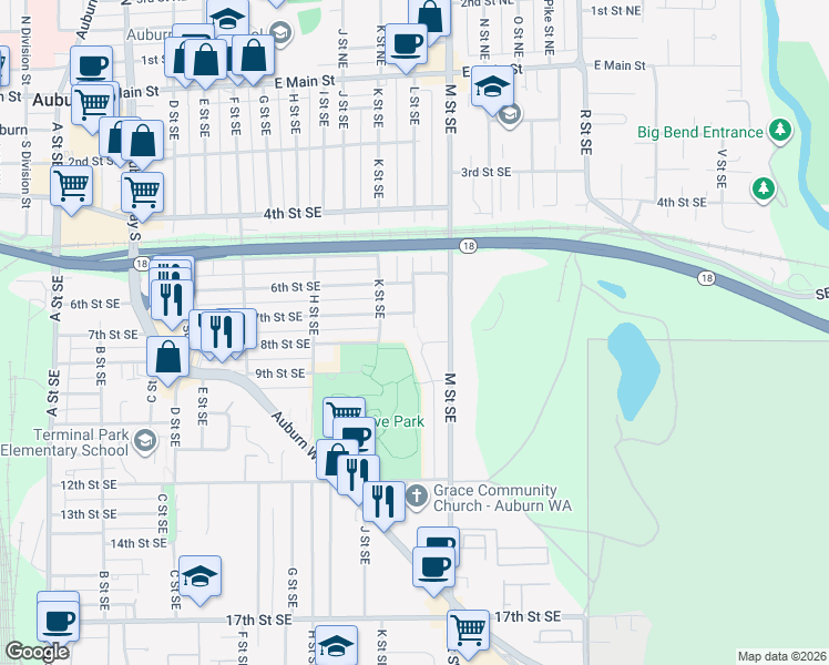map of restaurants, bars, coffee shops, grocery stores, and more near 1003 8th Street Southeast in Auburn