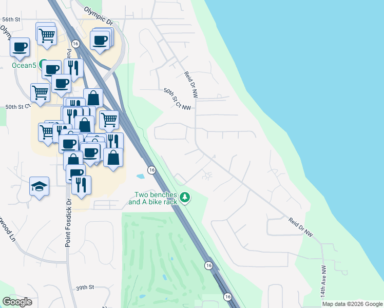 map of restaurants, bars, coffee shops, grocery stores, and more near 4714 Reid Drive Northwest in Gig Harbor