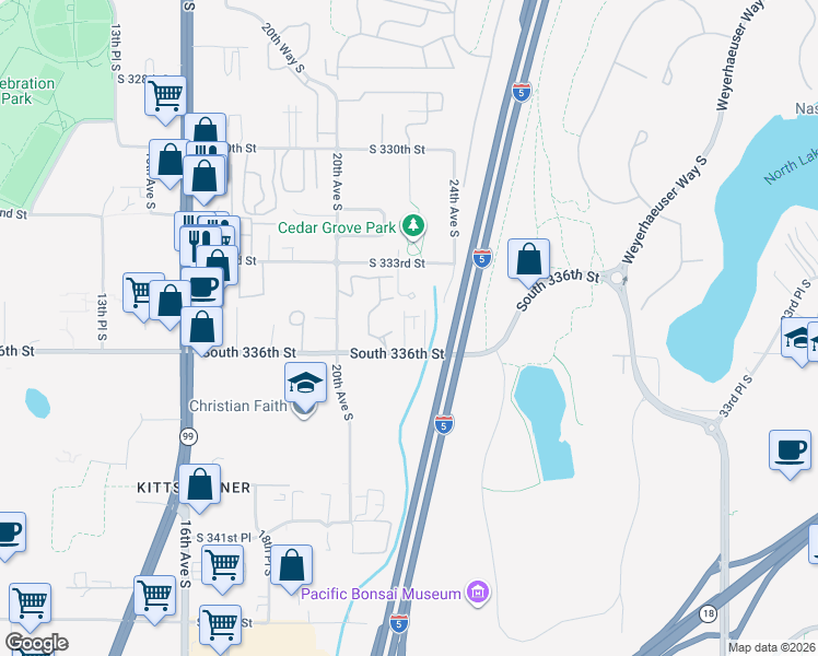 map of restaurants, bars, coffee shops, grocery stores, and more near 2218 South 336th Street in Federal Way
