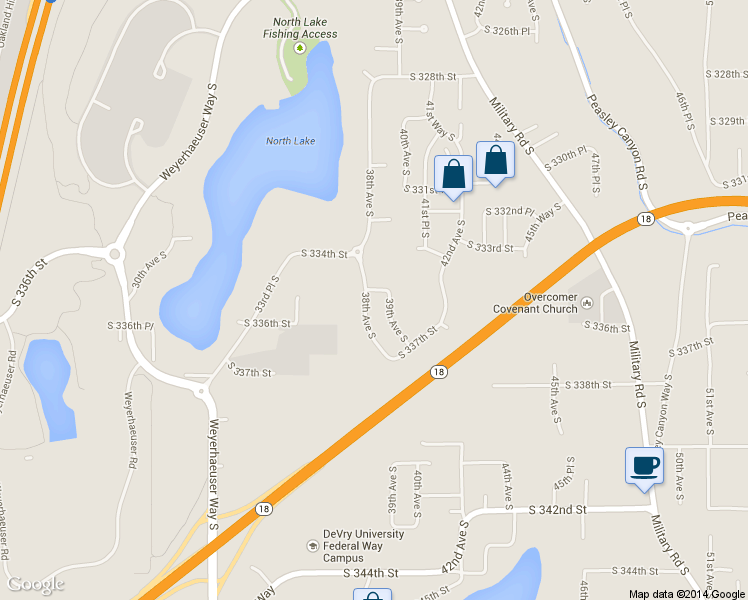 map of restaurants, bars, coffee shops, grocery stores, and more near 33521 38th Avenue South in Federal Way