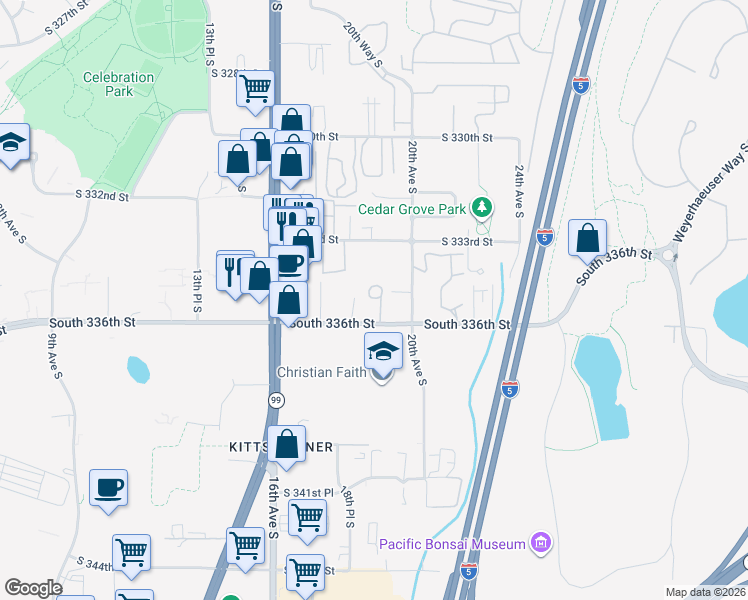 map of restaurants, bars, coffee shops, grocery stores, and more near 1830 South 336th Street in Federal Way