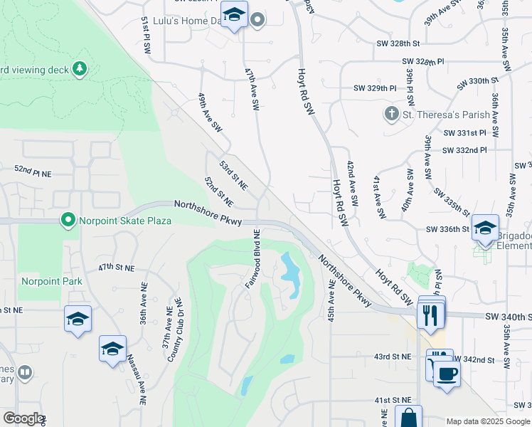 map of restaurants, bars, coffee shops, grocery stores, and more near 4204 53rd Street Court Northeast in Tacoma
