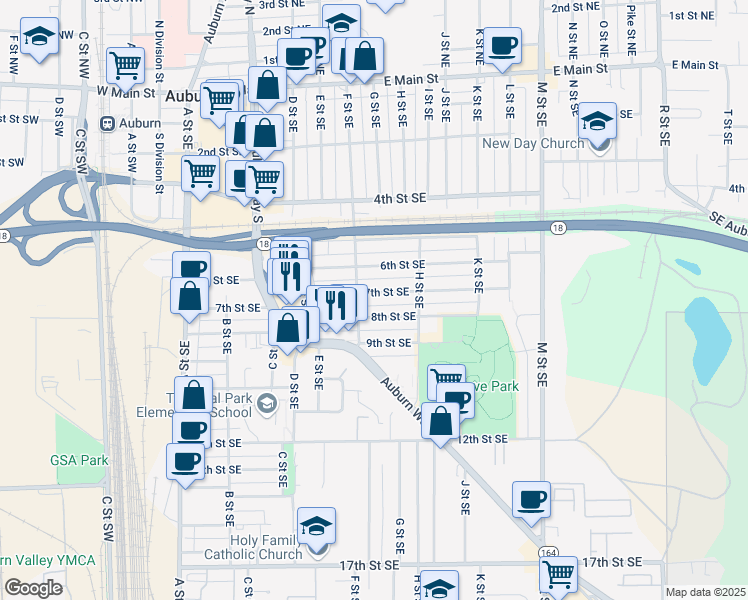 map of restaurants, bars, coffee shops, grocery stores, and more near 625 8th Street Southeast in Auburn