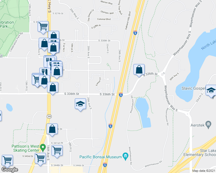 map of restaurants, bars, coffee shops, grocery stores, and more near 2250 South 336th Street in Federal Way