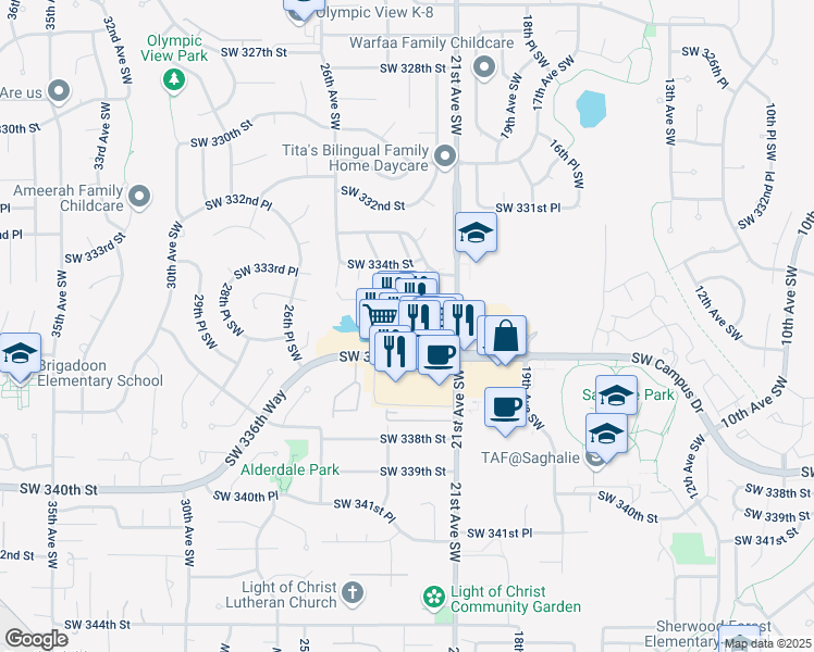 map of restaurants, bars, coffee shops, grocery stores, and more near 2152 Southwest 336th Street in Federal Way