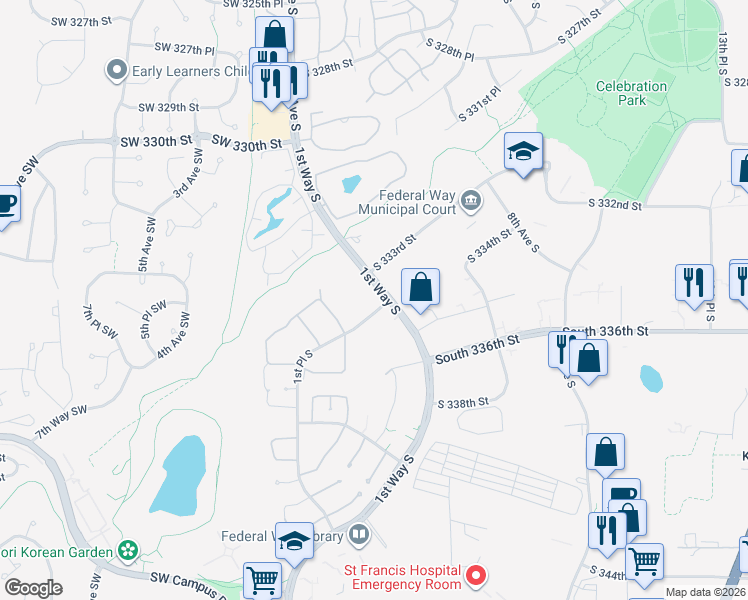 map of restaurants, bars, coffee shops, grocery stores, and more near 33313 1st Way South in Federal Way