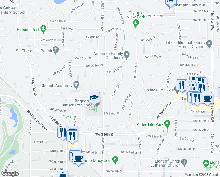 map of restaurants, bars, coffee shops, grocery stores, and more near 3317 Southwest 335th Street in Federal Way