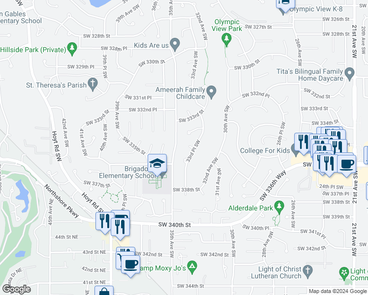 map of restaurants, bars, coffee shops, grocery stores, and more near 3317 Southwest 335th Street in Federal Way