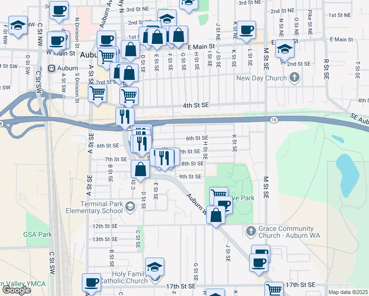 map of restaurants, bars, coffee shops, grocery stores, and more near 617 7th Street Southeast in Auburn