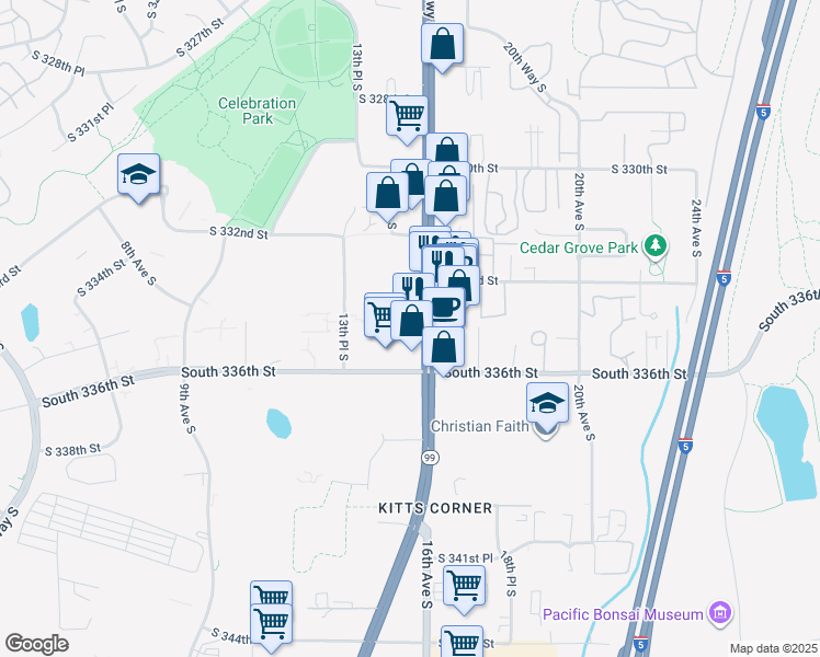 map of restaurants, bars, coffee shops, grocery stores, and more near 33333 Pacific Highway South in Federal Way