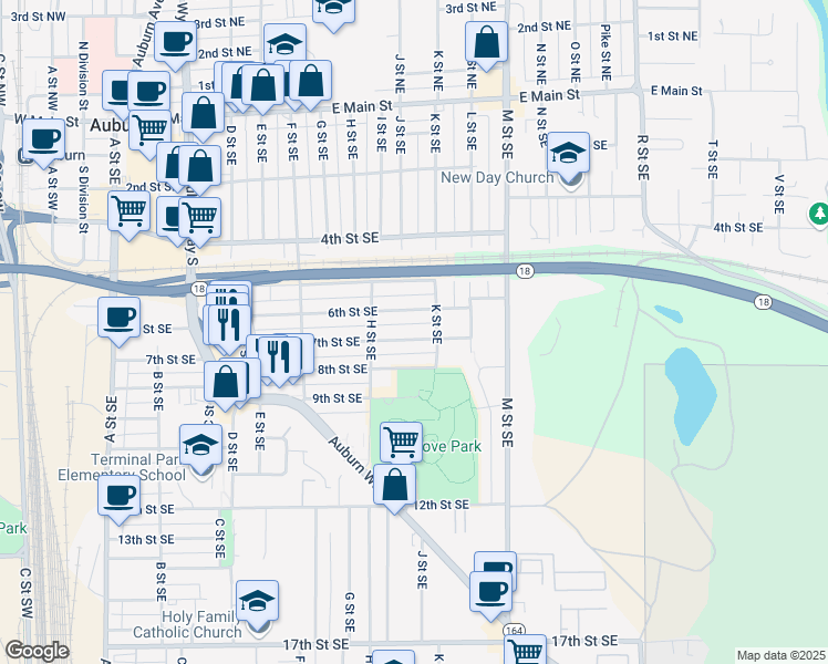 map of restaurants, bars, coffee shops, grocery stores, and more near 901 6th Street Southeast in Auburn