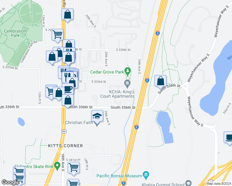 map of restaurants, bars, coffee shops, grocery stores, and more near 2100 South 336th Street in Federal Way