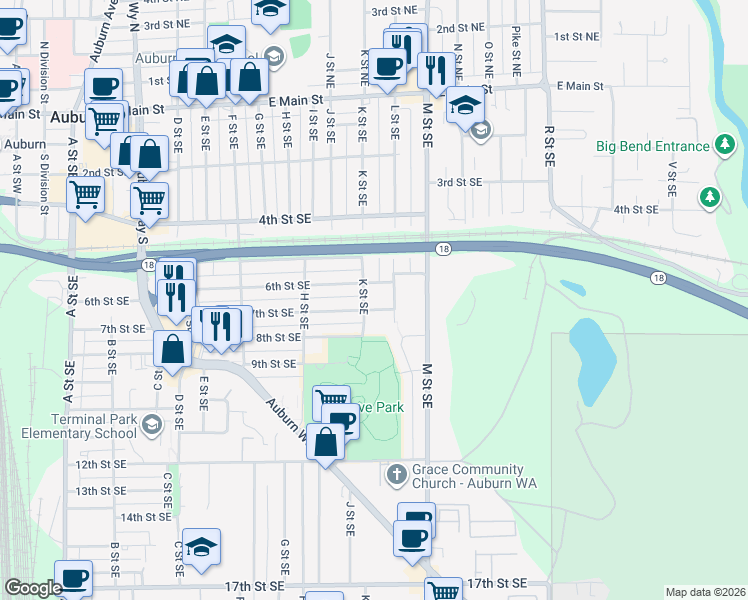 map of restaurants, bars, coffee shops, grocery stores, and more near 1017 6th Street Southeast in Auburn