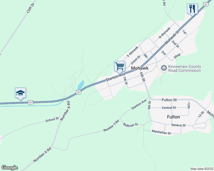 map of restaurants, bars, coffee shops, grocery stores, and more near 160-166 Stanton Avenue in Keweenaw County