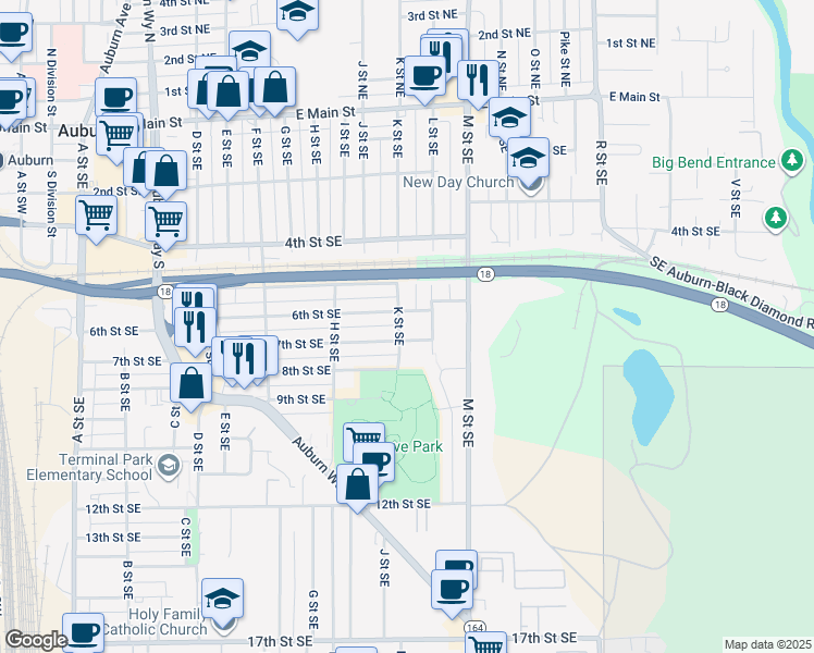 map of restaurants, bars, coffee shops, grocery stores, and more near 614 K Street Southeast in Auburn