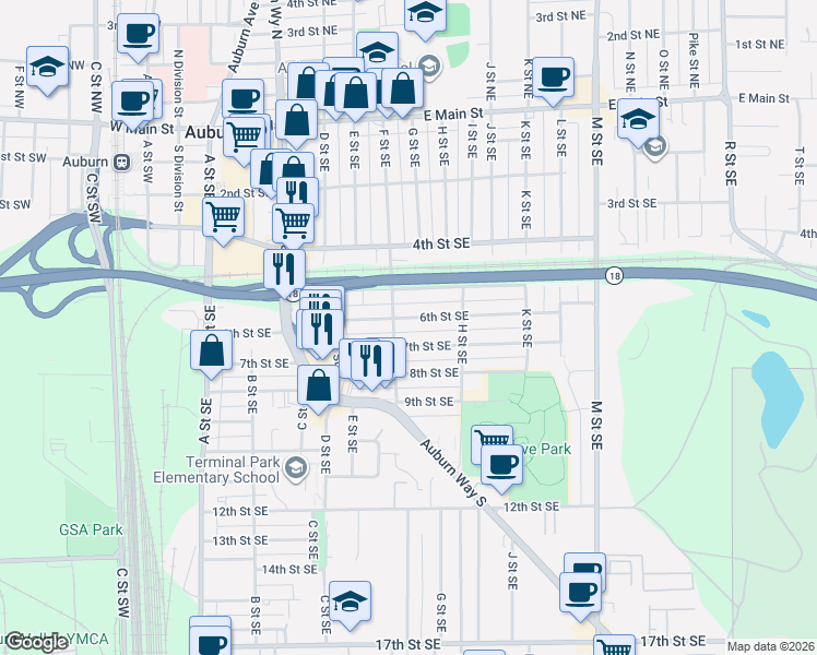 map of restaurants, bars, coffee shops, grocery stores, and more near 519 F Street Southeast in Auburn