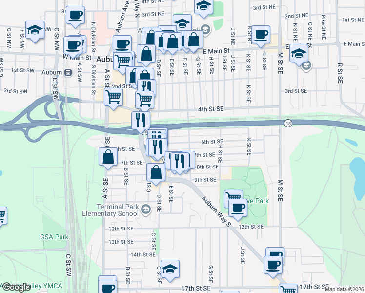 map of restaurants, bars, coffee shops, grocery stores, and more near 519 F Street Southeast in Auburn