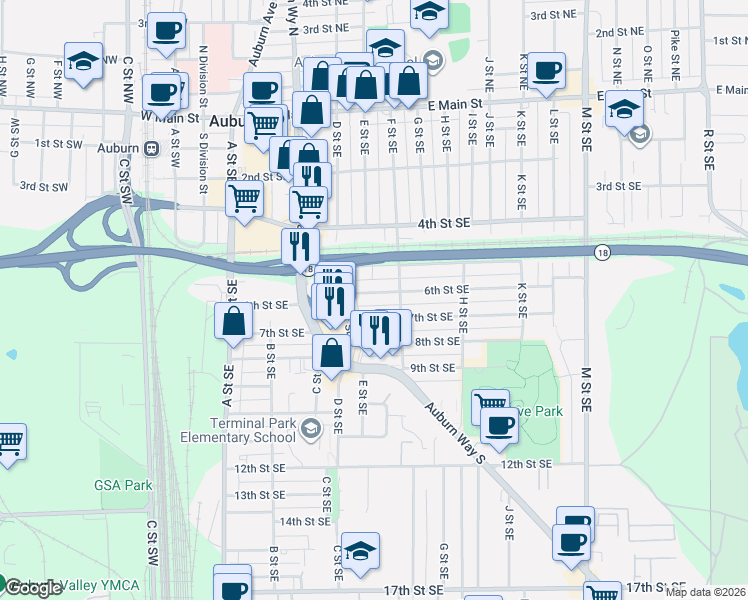 map of restaurants, bars, coffee shops, grocery stores, and more near 421 6th Street Southeast in Auburn