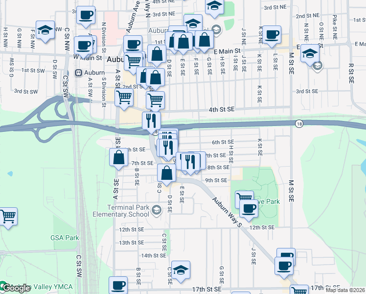 map of restaurants, bars, coffee shops, grocery stores, and more near 421 6th Street Southeast in Auburn