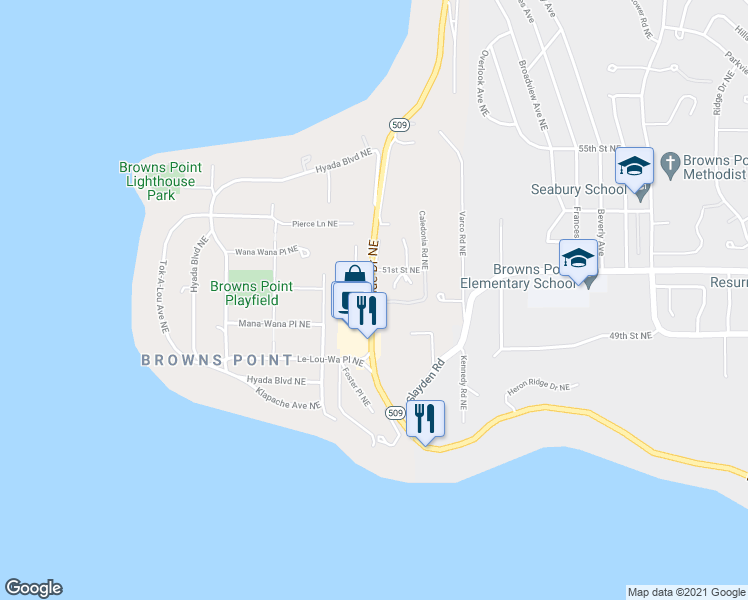 map of restaurants, bars, coffee shops, grocery stores, and more near 6803 East Side Drive Northeast in Tacoma