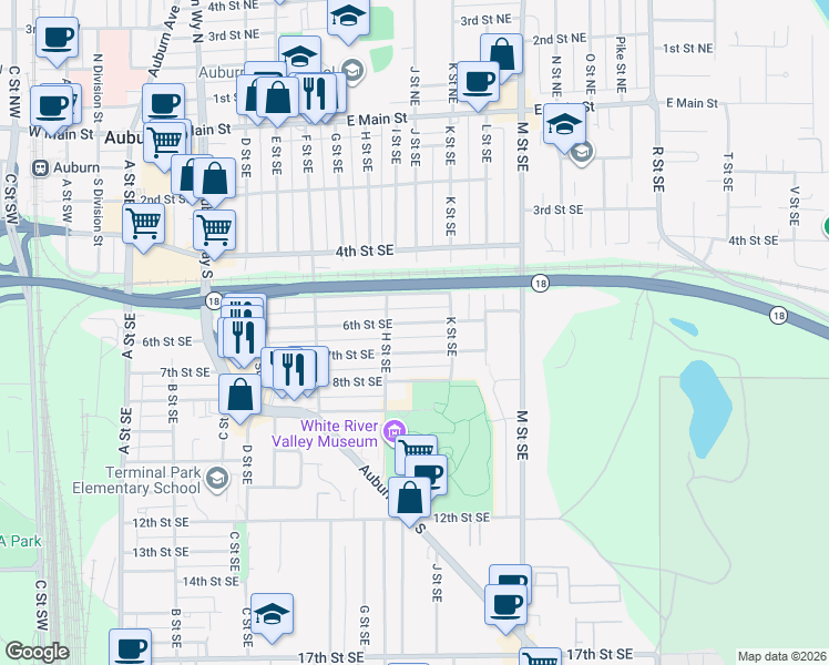 map of restaurants, bars, coffee shops, grocery stores, and more near 901 6th Street Southeast in Auburn