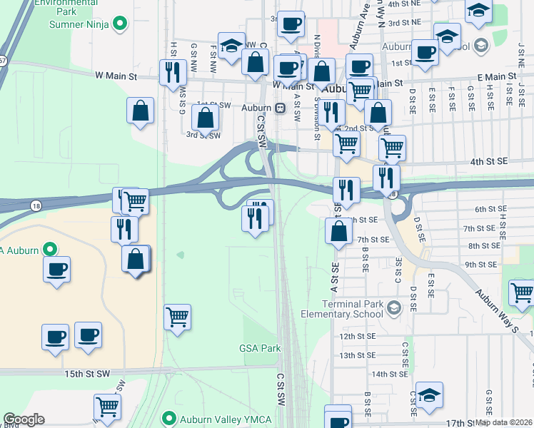 map of restaurants, bars, coffee shops, grocery stores, and more near 509 C Street Southwest in Auburn