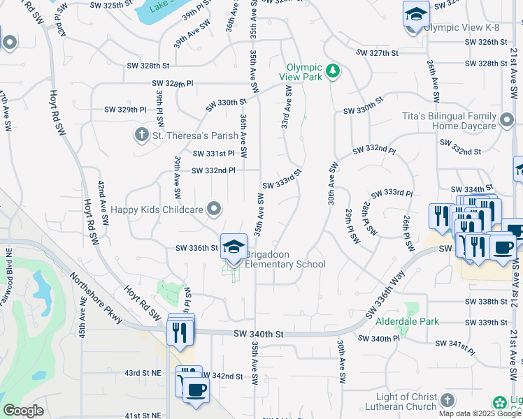 map of restaurants, bars, coffee shops, grocery stores, and more near 35th Avenue Southwest in Federal Way