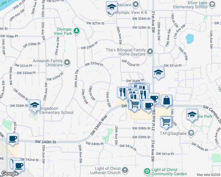 map of restaurants, bars, coffee shops, grocery stores, and more near 2624 Southwest 334th Place in Federal Way