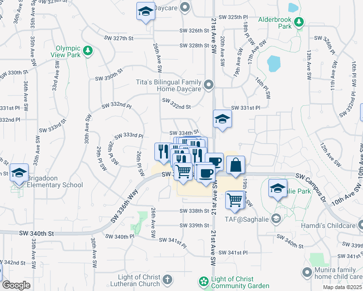map of restaurants, bars, coffee shops, grocery stores, and more near 2308 Southwest 334th Place in Federal Way