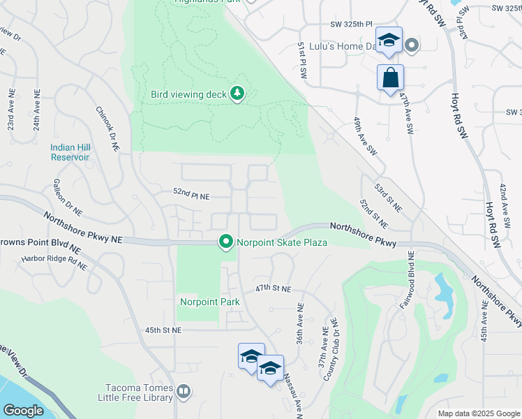 map of restaurants, bars, coffee shops, grocery stores, and more near 3450 View Point Circle Northeast in Tacoma