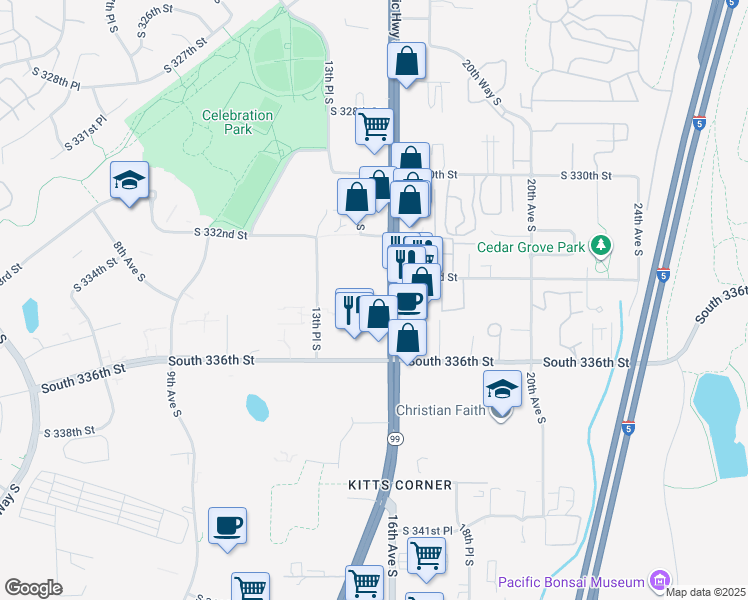 map of restaurants, bars, coffee shops, grocery stores, and more near 33333 Pacific Hwy S in Federal Way