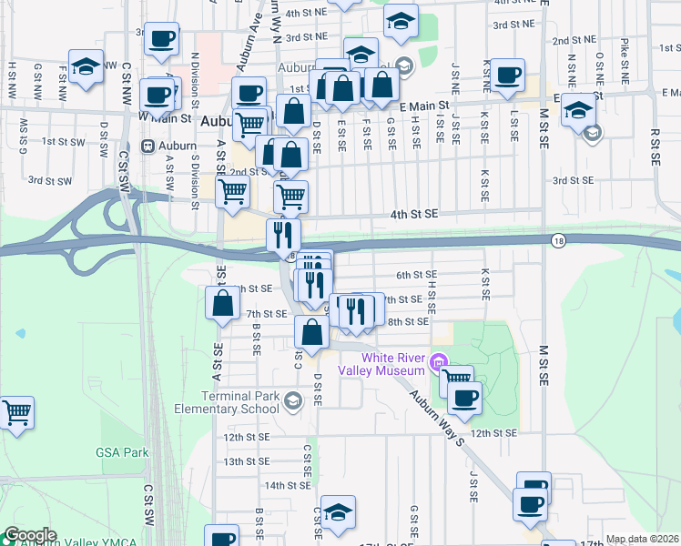 map of restaurants, bars, coffee shops, grocery stores, and more near 421 6th Street Southeast in Auburn