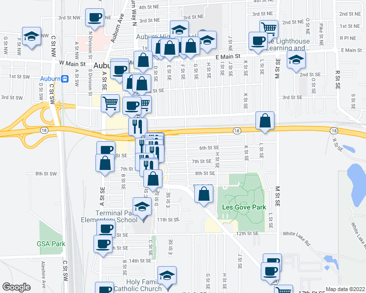 map of restaurants, bars, coffee shops, grocery stores, and more near 519 F Street Southeast in Auburn