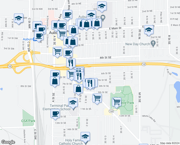 map of restaurants, bars, coffee shops, grocery stores, and more near 509 6th Street Southeast in Auburn