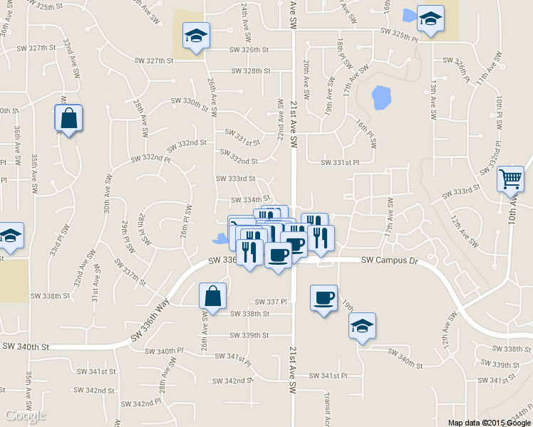 map of restaurants, bars, coffee shops, grocery stores, and more near 33419 22nd Avenue Southwest in Federal Way