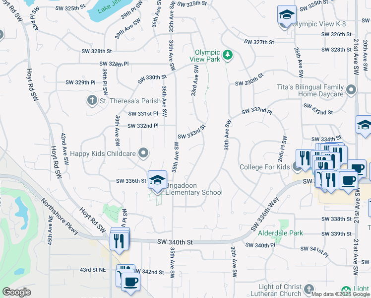 map of restaurants, bars, coffee shops, grocery stores, and more near 3334 Southwest 334th Street in Federal Way