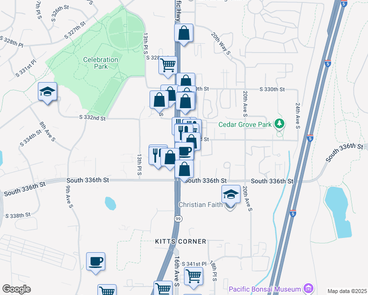 map of restaurants, bars, coffee shops, grocery stores, and more near 33320 Pacific Highway South in Federal Way
