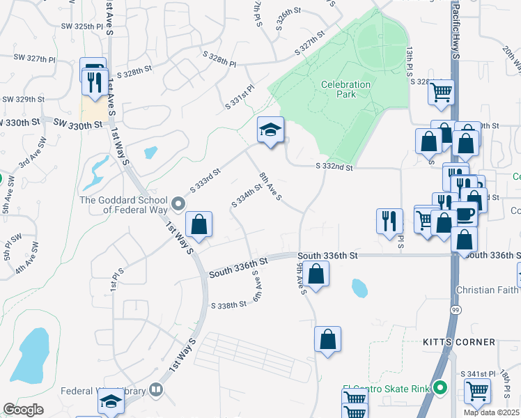 map of restaurants, bars, coffee shops, grocery stores, and more near 33405 8th Avenue South in Federal Way