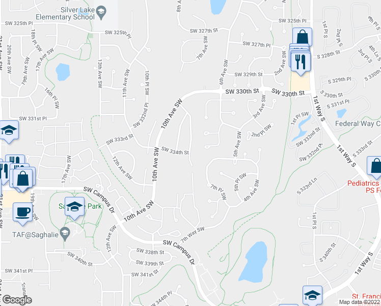 map of restaurants, bars, coffee shops, grocery stores, and more near 561 Southwest 334th Court in Federal Way