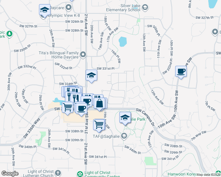 map of restaurants, bars, coffee shops, grocery stores, and more near Unnamed Road in Federal Way