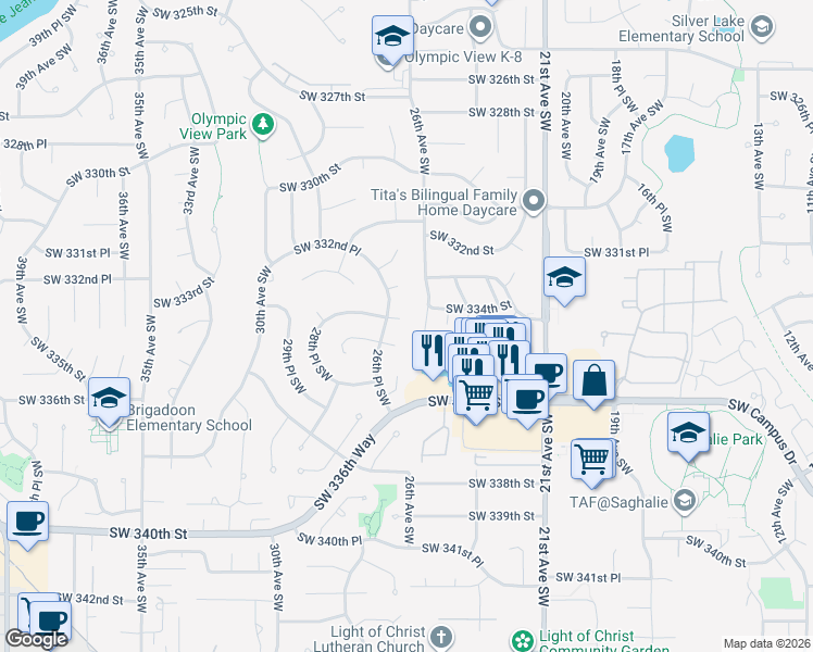 map of restaurants, bars, coffee shops, grocery stores, and more near 2624 Southwest 334th Place in Federal Way