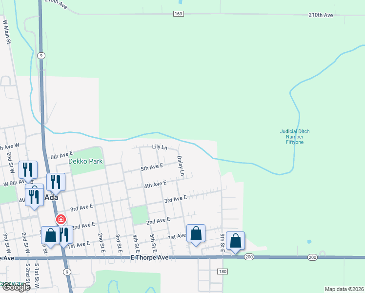 map of restaurants, bars, coffee shops, grocery stores, and more near 701 Lily Lane in Ada