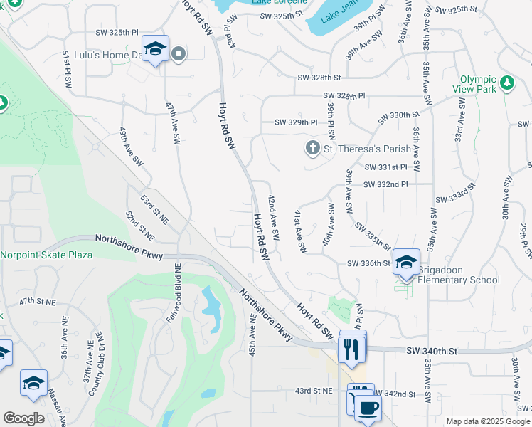 map of restaurants, bars, coffee shops, grocery stores, and more near 33321 42nd Avenue Northeast in Federal Way